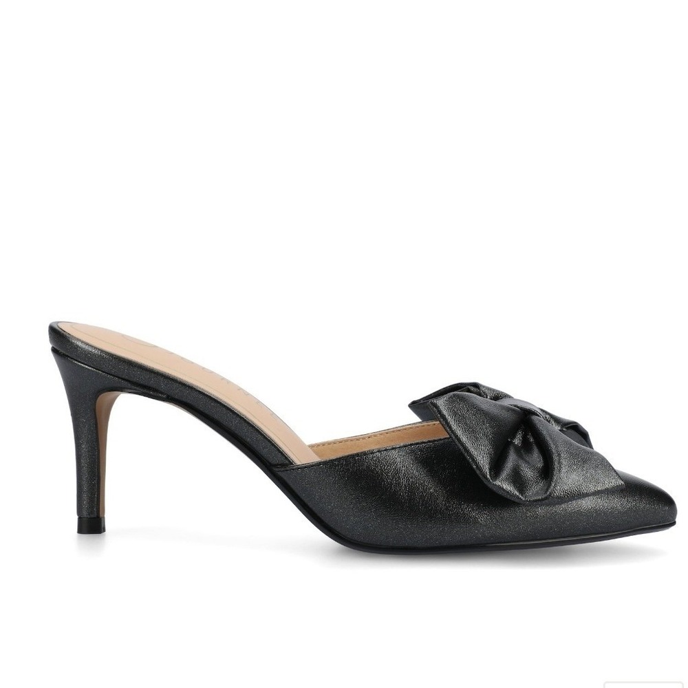 Journee‎ Collection Tiarra Black Sparkle Metallic Bow Pointed Toe Mules Heels 7M